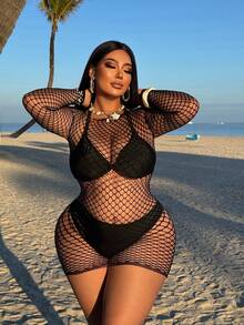 Swim SXY Women's Sexy Hollow-Out Long Sleeve Cover-Up Dress - Black - View 5