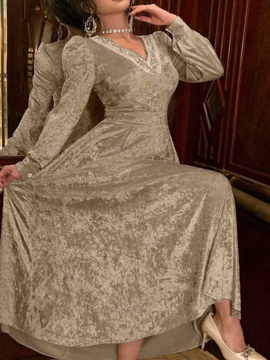 DAZY Elegant Cinched Waist Dress, V-Neck Velvet Lining, Apricot Color ...