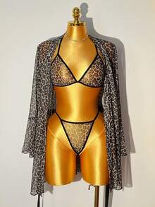 SHEIN 4pcs Leopard Print Wireless Sexy Lingerie Set For Women - Multicolor - View 6