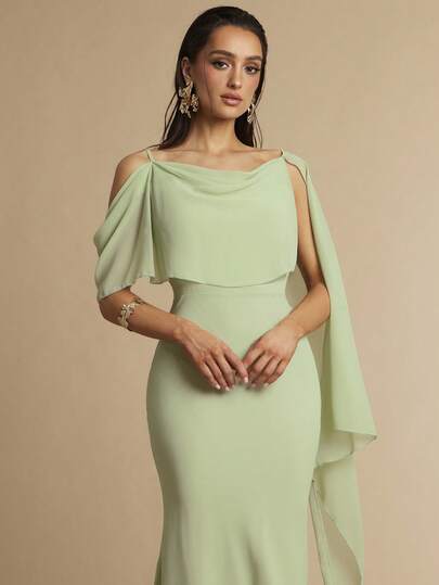 Silquee Vestido largo ajustado con cuello drapeado de gasa, primavera/verano