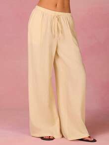 Athîral Cream Ruched Camisole Top And Tie Front Wide Leg Pants 2 Pieces Set For Women - Yellow - View 6