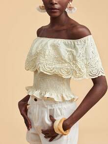 Travachic Embroidered Mesh Off-Shoulder Top - Yellow - View 3