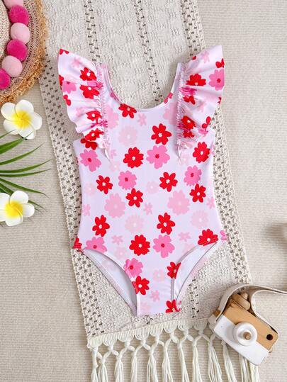 SHEIN Baby Girls' Strawberry Print One-Piece Swimsuit With Mesh Ruffle Skirt, Cute And Suitable For Vacation