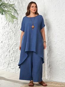 EMERY ROSE 大码女式休闲度假风纯色蝙蝠袖短袖不规则下摆长款上衣搭配阔腿裤两件套，春夏秋季 - 藍色 - 查看 5