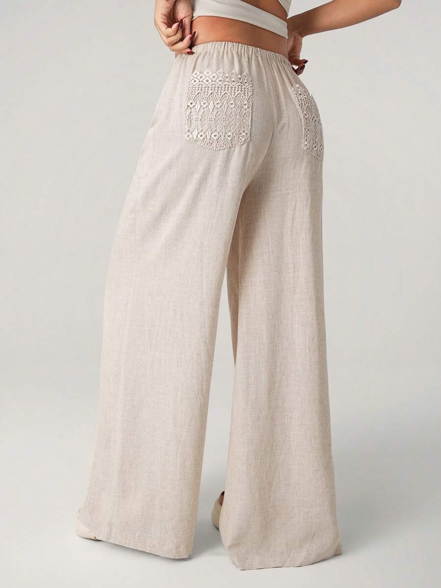 SHEIN ICON 女士休闲纯色抽绳腰直筒裤 - 杏色 - 查看 1