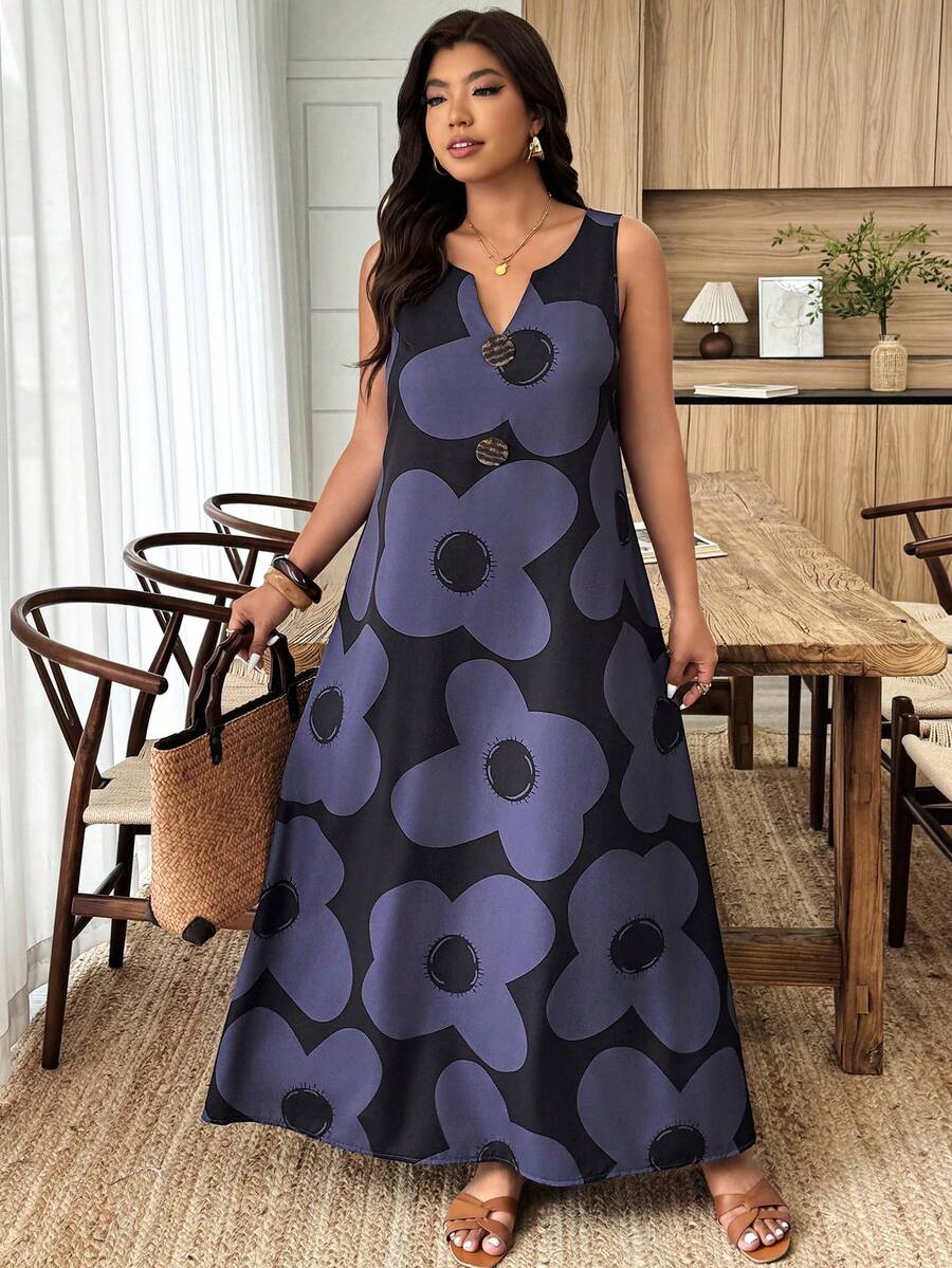 Weeklong Vestido sin mangas con cuello en V, decorado con botones, con estampado gris-azul - Negro - Ver 1