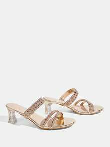 CUCCOO TILAWA Women's Round Toe Patent Leather Gold Rhinestone Strip Decoration Spring And Summer New Fashion Gorgeous Wear Thick Heel High Heel Sandals - Gold - View 10