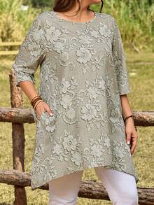 EMERY ROSE 大码女式3D立体印花休闲宽松长款衬衫，七分袖，适合春、夏、秋季穿着。 - 彩色 - 查看 3