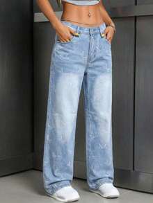 SHEIN ICON Women's Casual Washed Butterfly Print Low Waist Straight Leg Jeans - Light Wash - View 5