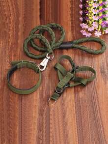 Three Pieces Set Of Large Dog Thick Braided Nylon Rope, Pet Leash, Collar - Army Green - View 6