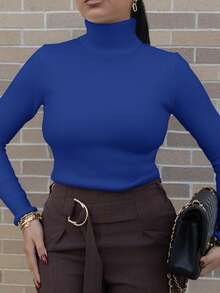 Melissa Matos 高领保暖修身长袖毛衣，秋冬季保暖，长袖针织套头衫 - 寶藍色 - 查看 3