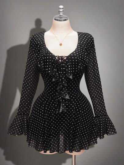 SHEIN ICON Plus-Size Women's Polka Dot Mesh V-Neck Ruffled Mini Dress, Y2K Style, Suitable For Autumn, Dates, And Sexy Wear; Also A Spring Dress For Women, An Elegant Women's Dress.