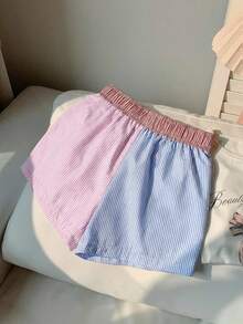 Comfortcana Women's Multicolor Striped Print Letter Patchwork Detail Shorts, Summer - Multicolor - View 2