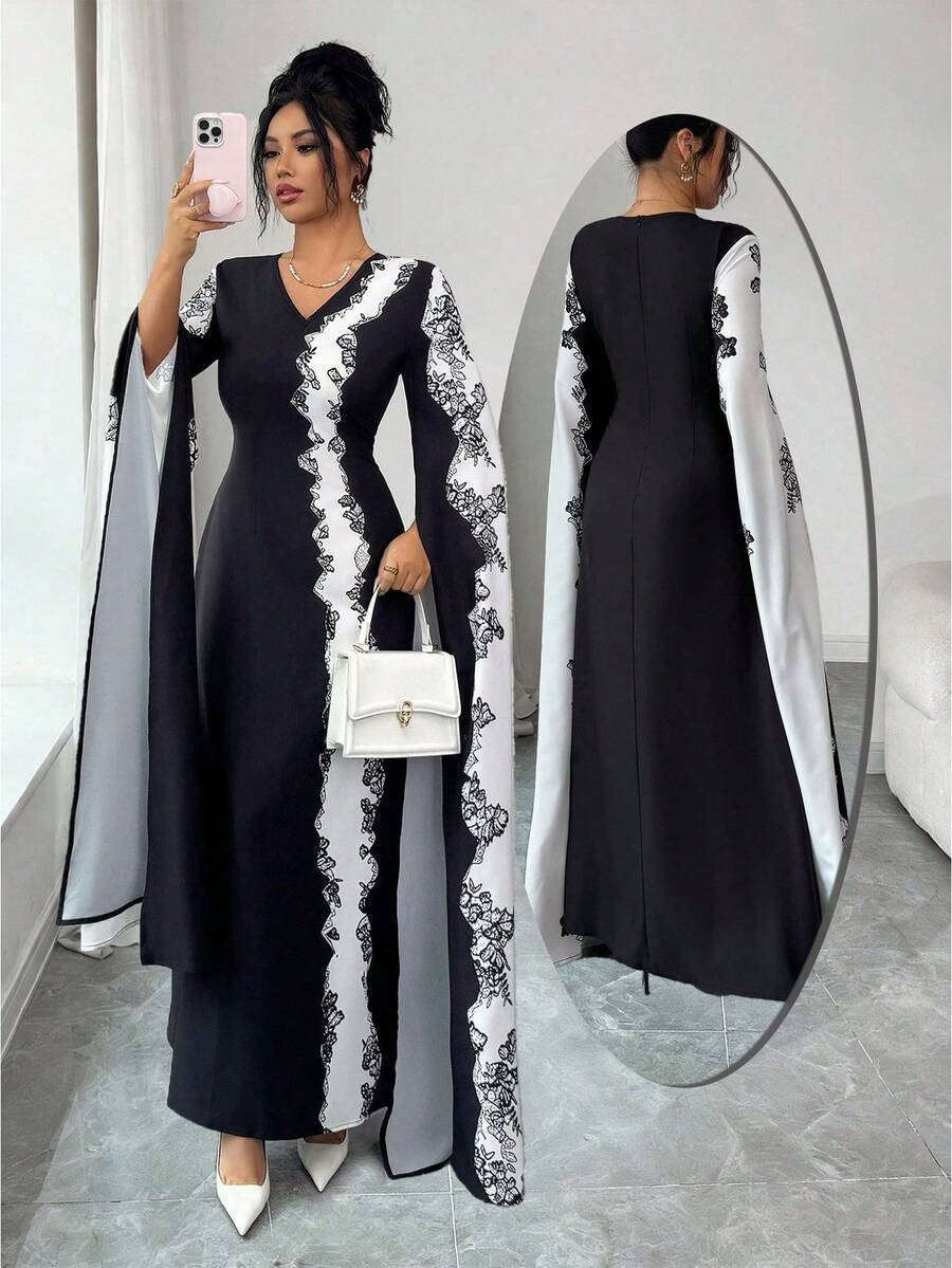 SHEIN Clasi Elegant Black Maxi Dress With V Neck Extra Long Split ...