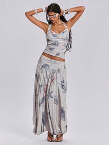 ROMWE Avant Top ajustado sin espalda con cuello drapeado con estampado de peces y estrellas de mar para mujer, ideal para vacaciones de primavera/verano - Azul - Ver 8