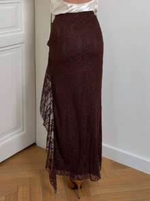 Jeta Ari 女士棕色荷叶边高开衩蕾丝裙、新年、圣诞节、派对、海滩度假服装、衣服、女士街头服装、女士情人节服装 - 棕色 - 查看 2