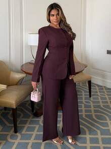 Maria Perezxox Bộ 2 bộ vest và quần âu đơn hàng tối giản màu trơn dành cho nữ, đi làm/đi chơi - Màu Đỏ Sâu - Xem 3