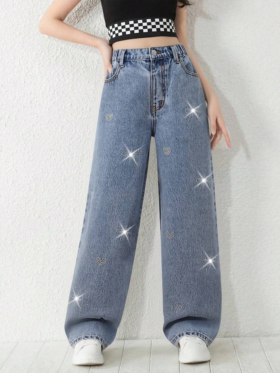 SHEIN ChillGRL Tween GirlsGrey Fashionable Casual Rhinestone Embellished Loose Wide-Leg Washed Denim Jeans - Light Wash - View 1