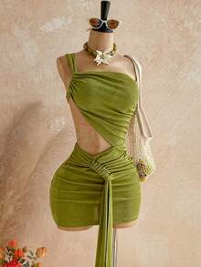 Soleia Đầm ngắn hở lưng màu xanh neon gợi cảm dành cho nữ, thích hợp cho kỳ nghỉ. - Màu xanh Ô liu - Xem 3