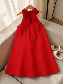 SHEIN Vestido sin mangas de línea A con lazo con diamantes de imitación y brillos para niña preadolescente - Rojo - Ver 2