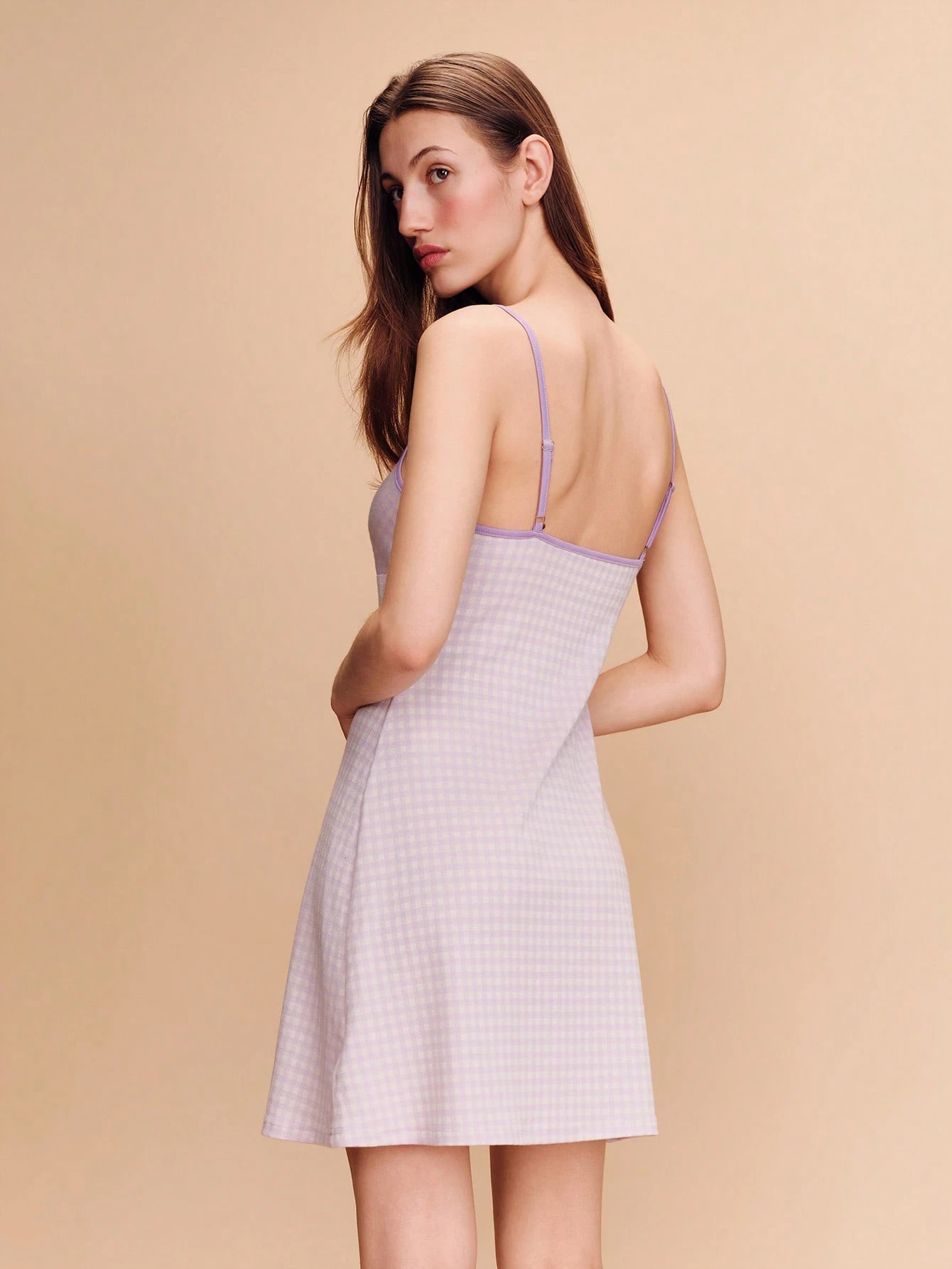 Lilac Mini Gingham Printed Fitted Dress With Contrasting Detail Cute Spring Summer Parisian Style French Style Vacation Dress Going Out Dress Picnic Dress