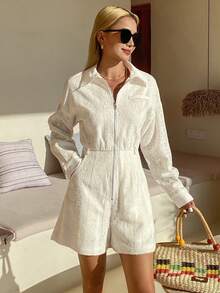 DAZY Women's Elegant Lace Patchwork Faux Pocket Zipper Collar Jumpsuit, Spring/Summer - Apricot - View 6