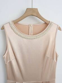 SHEIN LUNE Vestido de punto con cuello redondo decorado con perlas, elástico y brillante, ajustado, que ciñe la cintura con silueta evasé, vestido elegante y de moda, para primavera y verano. Adecuado para uso diario, bodas, banquetes, viajes diarios, fiestas de graduación, eventos festivos y vacaciones. - Champán - Ver 6