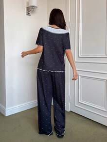 SHEIN Napfluff Cute Ruffle Trim Square Neck Short Sleeve Women Pajama Set - Black - View 2