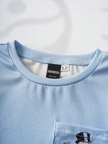 MONOPOLY X SHEIN 男童卡通印花短袖上衣和骰子印花紧身裤睡衣套装 - 淺藍色 - 查看 3