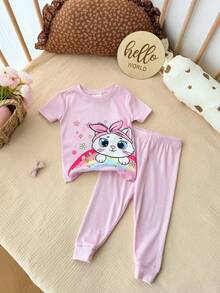 SHEIN 4件套 Dozemod 儿童女童休闲简约修身圆领短袖上衣和裤子家居服套装，卡通图案，适合春夏穿着 - 淺粉色 - 查看 5