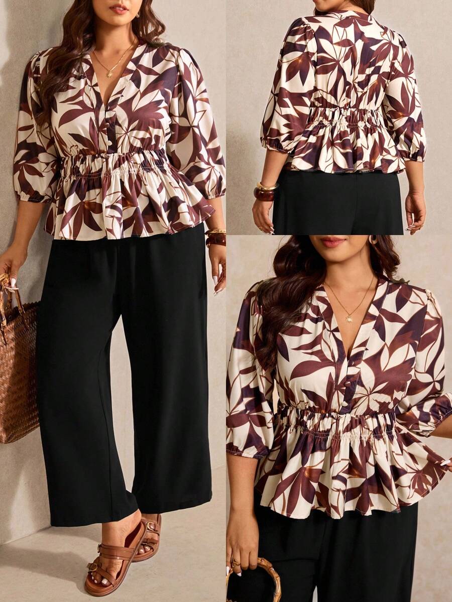 Elaquor Conjunto informal de 2 piezas de talla grande para mujer con blusa de cuello en V con volantes y estampado floral, y pantalón de pierna ancha - Multicolor - Ver 1