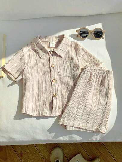 SHEIN 2pcs Baby Boy Casual Striped Short Sleeve Shirt And Striped Elastic Waist Shorts Set, Suitable For Indoor, Outdoor, Daily, Sports, Play, Party, Photo Shoot, Vacation, Festivals, Spring & Summer