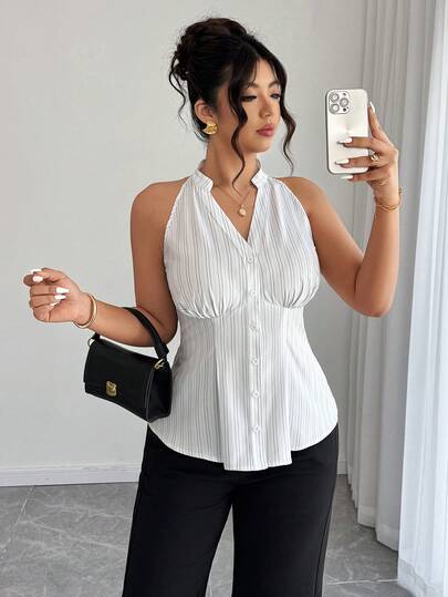 Elenzga Camisa sin mangas con rayas en la cintura para mujer de talla grande