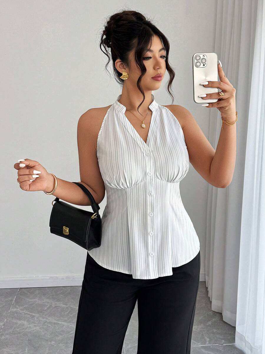Elenzga Plus Size Women Casual Striped Waist Sleeveless Shirt - Multicolor - View 1