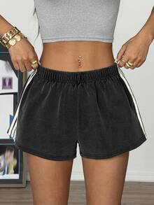 Muchica 女士黑色针织松紧腰宽松休闲阔腿短裤，夏季 - 黑色 - 查看 6