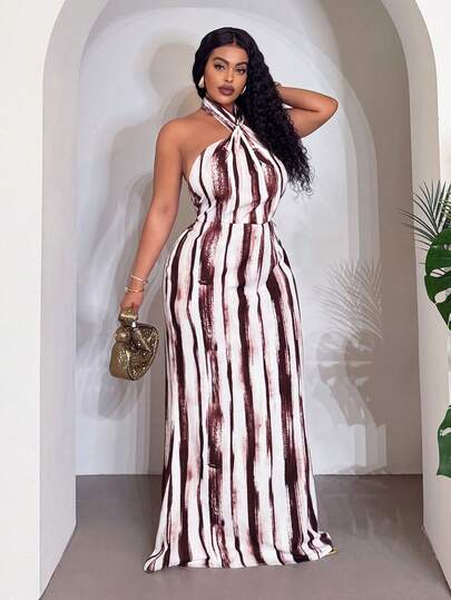 Veslaya 2026 Spring/Summer Plus Size Women's Music Festival, Easter, Birthday Party, Graduation, College Style, Student, Daily Wear, Casual, Vacation, Cruise Travel, Beach, Sunbathing, Trending, Streetwear, Wedding Guest, Commute, Brunch, Airport, Party, Holiday Outing, Elegant Gala, Ball, Casual, High-End Elegant Tie-Dye Print Backless Maxi Cocktail Dress