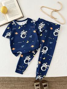 LMoss Kids 2pcs Young Boy Astronaut Graphic Knit Snug Fit Crew Neck T-Shirt And Leggings Pajama Set - Multicolor - View 5