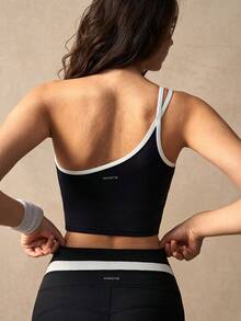 VARSIVA Contrast Trim Fitted Cropped Sports Tank Top - Black and White - View 8