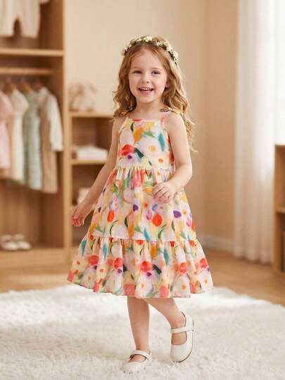 1pc Young Girls Floral Print Colorful Sleeveless Bow Tie Casual Cute Midi Dress, Suitable For Summer Daily Outings, Travel, Photography, Gatherings, Parties