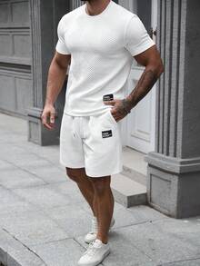Manfinity CasualCool 男士纹理面料短袖T恤套装，适合休闲、居家和外出穿着 - 白色 - 查看 5