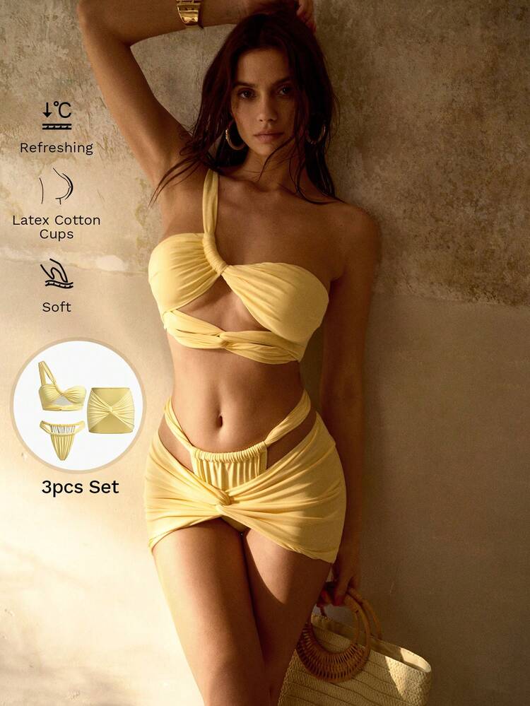3PCS ASYMMETRIC TWIST KNOT ELEGANT ROMANTIC WOMEN BEACH BIKINI SWIMWEAR