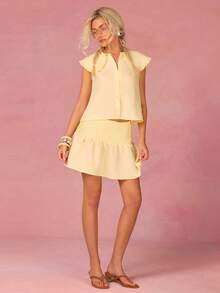 Athîral Women's Casual Vacation Yellow Peter Pan Collar Top And Skirt 2-Piece Set, Spring/Summer Outfit, Cute 2-Piece Set, Date/Party Outfit, Outdoor Outfit, Party Outfit, Holiday/Vacation Outfit, Casual 2-Piece Set - Light Yellow - View 3