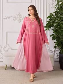 Al Najma V-Neck Floral Print Side Pleated Robe, Casual & Fashionable, Spring/Summer Arabic Dress For Women Najma Dress Abaya For Women Dubai - Multicolor - View 7