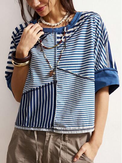 Bohemela Boho Spring/Summer Women's T‑Shirt In Blue, Featuring A Nautical Color‑Block Striped Patchwork Design. Suitable For Beach Vacation Outfits, Easter And Going‑Out Looks, Casual Women's Wear, Women's Holiday Outfits, And Daily Wear. Perfect For Music Festival Party Styles, Back‑To‑School Outfits, American Street Style, Sports, Outings, Cycling, Parties, Valentine's Day, Carnivals, Music Festivals, St. Patrick's Day,