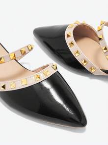 2025 秋季女式铆钉粗跟闭趾一脚蹬穆勒鞋，新款适合搭配连衣裙，尖头低跟水钻软皮拖鞋 - 黑色 - 查看 5