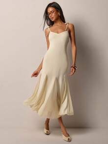 COSMINA Đầm midi nữ màu mơ trơn, dây buộc, phối vạt chéo, kiểu dáng thanh lịch cổ điển, thích hợp cho đám cưới, tiệc tùng, kỳ nghỉ, họp mặt, hẹn hò, phong cách tối giản. - Màu be - Xem 5