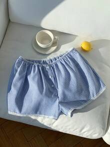 Comfortcana Quần short nữ kẻ sọc bằng vải lanh, thiết kế cài nút, dáng rộng, kiểu dáng thường ngày, màu xanh dương, hàng mới về 2026, thích hợp cho mùa xuân/hè, đi biển, nghỉ mát, dạo phố, ngày Valentine. - Màu xanh lam - Xem 3