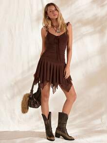 Easelle Brown Mesh Asymmetric Hem Cami Mini Dress For Women Vintage Carnival Costume  Summer Dress Party Music Festival Country Western Dress Chocolate Dress Underbust Dress - Mocha Brown - View 3