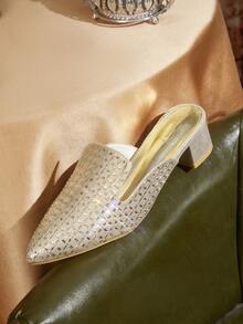 CUCCOO TILAWA Sandales à talons hauts de mode polyvalentes pour soirée, à bout carré, ornées de strass dorés et à carreaux, à talon bas et à bout ouvert - Doré - Voir 7