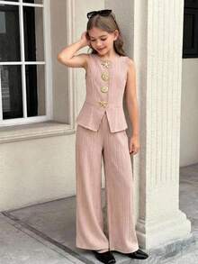 SHEIN Conjunto de chaleco sin mangas de unicolor y pantalones rectos para niña preadolescente, con decoración de metal, estrella de mar y concha, para uso casual, viajes y transporte, color albaricoque - Albaricoque - Ver 11